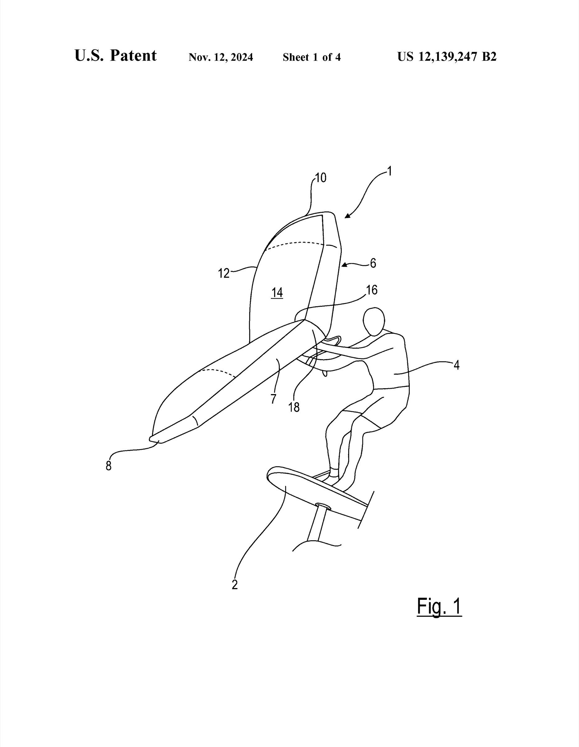 Wing rig — US Patent 12,139,247, sheet 1: Duotone / Boards & More wing rig (Ken Winner). Fig. 1: a rider on a foilboard holding a handheld inflatable wing — leading-edge tube, central strut with handles, canopy — rider and board in the lower right, wing across the upper left.