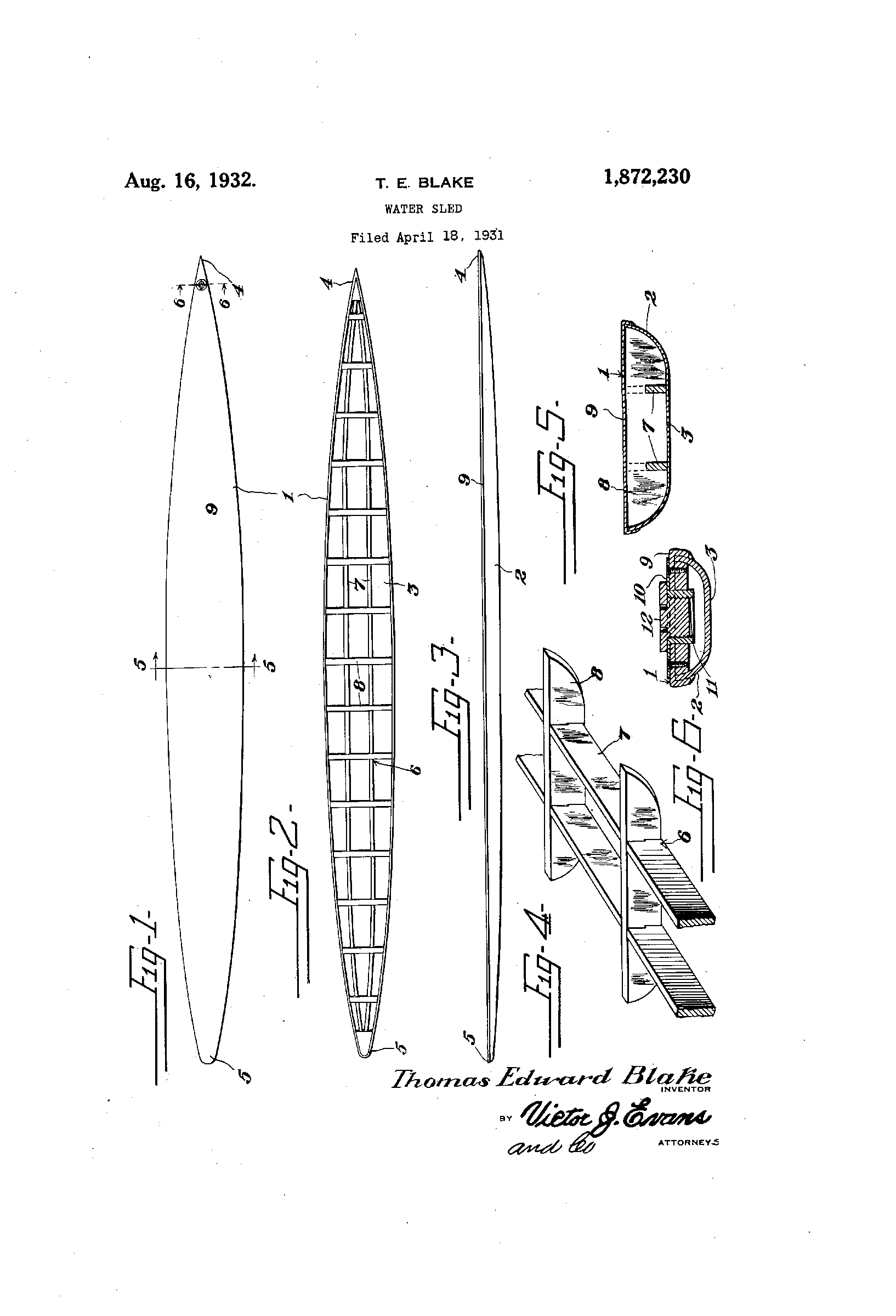 Water sled — US Patent 1,872,230, sheet 1: Tom Blake's hollow 'water sled' (the hollow surfboard/paddleboard). Fig. 1 (far left) is the full-length plan view of the pointed-tail board; Fig. 2 (centre-left) the same plan view with the deck removed showing the rib-and-stringer frame; Fig. 3 (centre) a side profile; Figs. 4–6 (right) cut-away and cross-sections of the frame and plug.