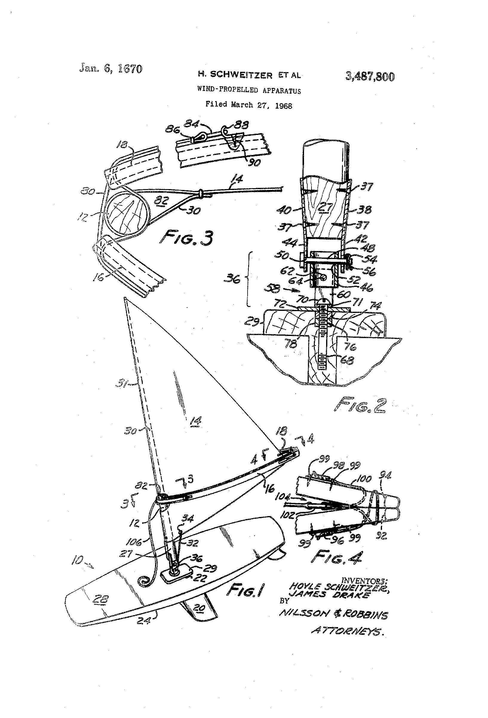Wind-propelled apparatus — US Patent 3,487,800, sheet 1: The only drawing sheet of the Drake/Schweitzer windsurfer patent. Fig. 1 (bottom-left, perspective) shows the complete rig: flat board (10) with daggerboard (20) and skeg, universal-joint mast foot (36), triangular sail (14) on mast (30) with the wishbone boom (16/18). Fig. 2 (top-right) is a section of the universal joint, Fig. 3 (top-left) the boom-to-mast clamp, Fig. 4 (right) the boom end. There is no true plan view of the board — Fig. 1 is the only view of the hull.