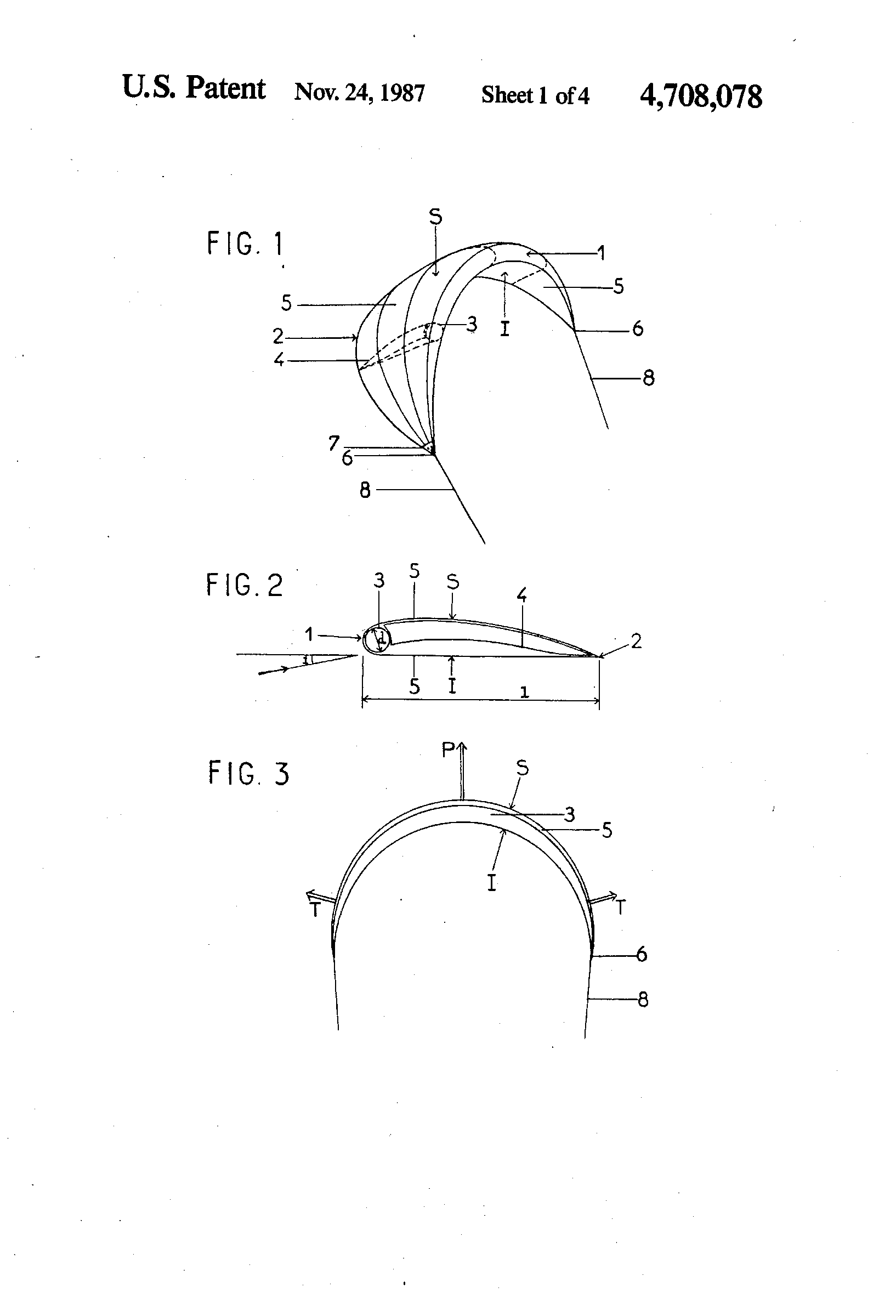 Propulsive wing with inflatable armature — US Patent 4,708,078, sheet 1: Figs. 1–3: the inflatable leading-edge C-kite in perspective (Fig. 1, top), its aerofoil section with the inflated leading-edge tube (Fig. 2, middle) and a front view of the arc with lines (Fig. 3, bottom).