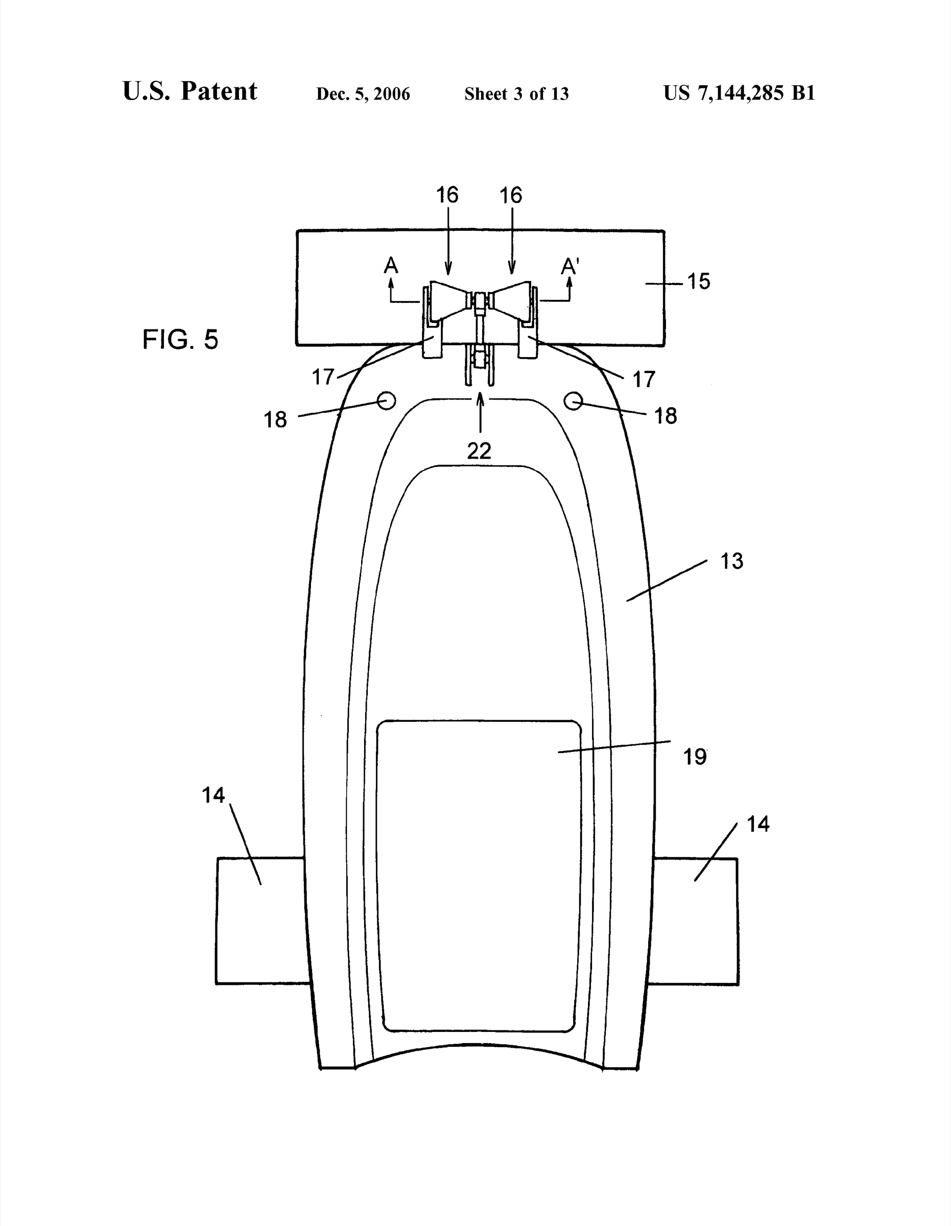 Hydrofoil surfing board — US Patent 7,144,285, sheet 3: Fig. 5: plan (top) view of the hydrofoil surfing board — rounded nose at the bottom, square tail at the top with the rear foil wing spanning beyond the rails, front canard at the nose.