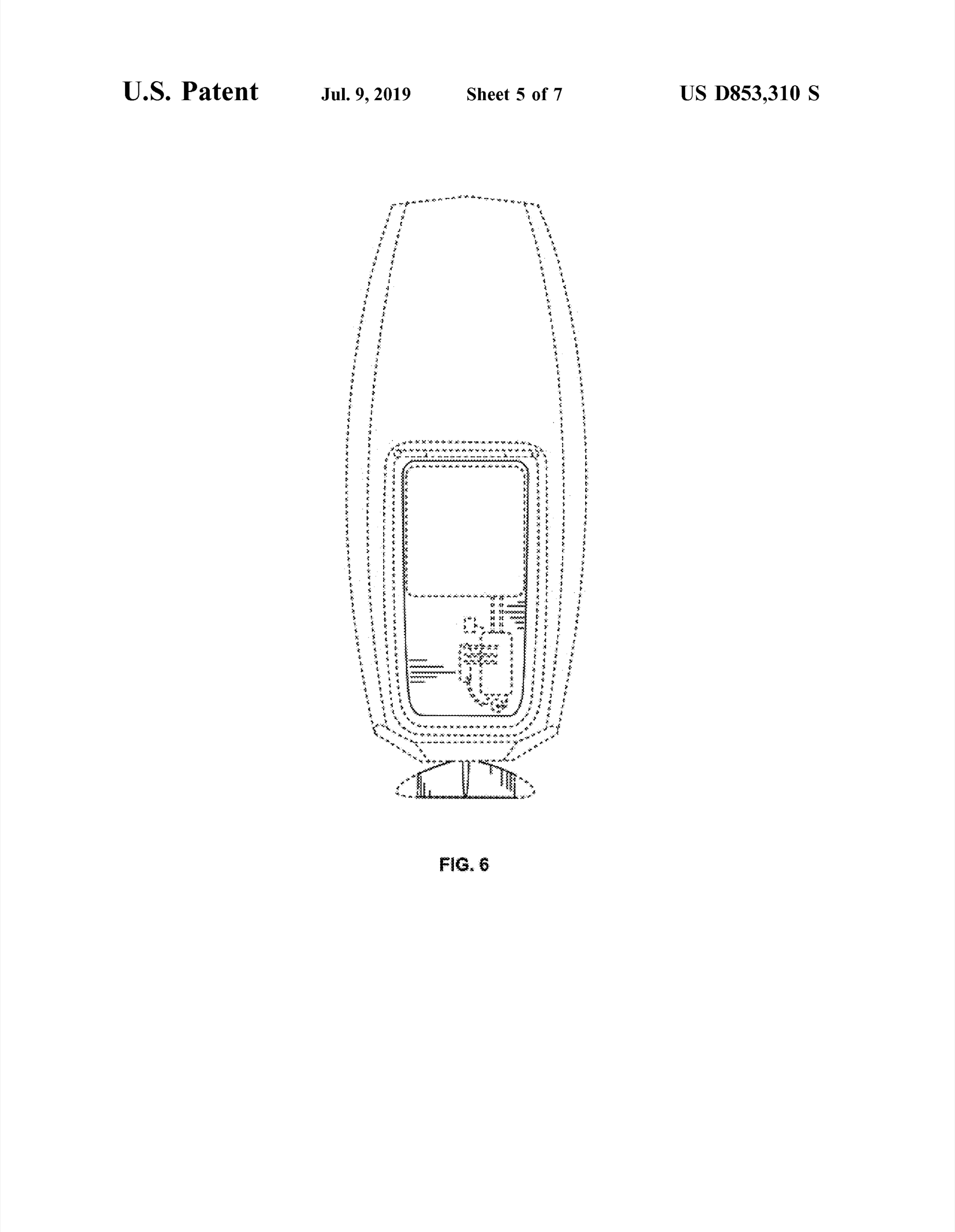 Hydrofoil board — US Patent D853,310, sheet 5: Fig. 6: top (plan) view of the eFoil board, nose at the top, with the battery hatch outline in the middle.